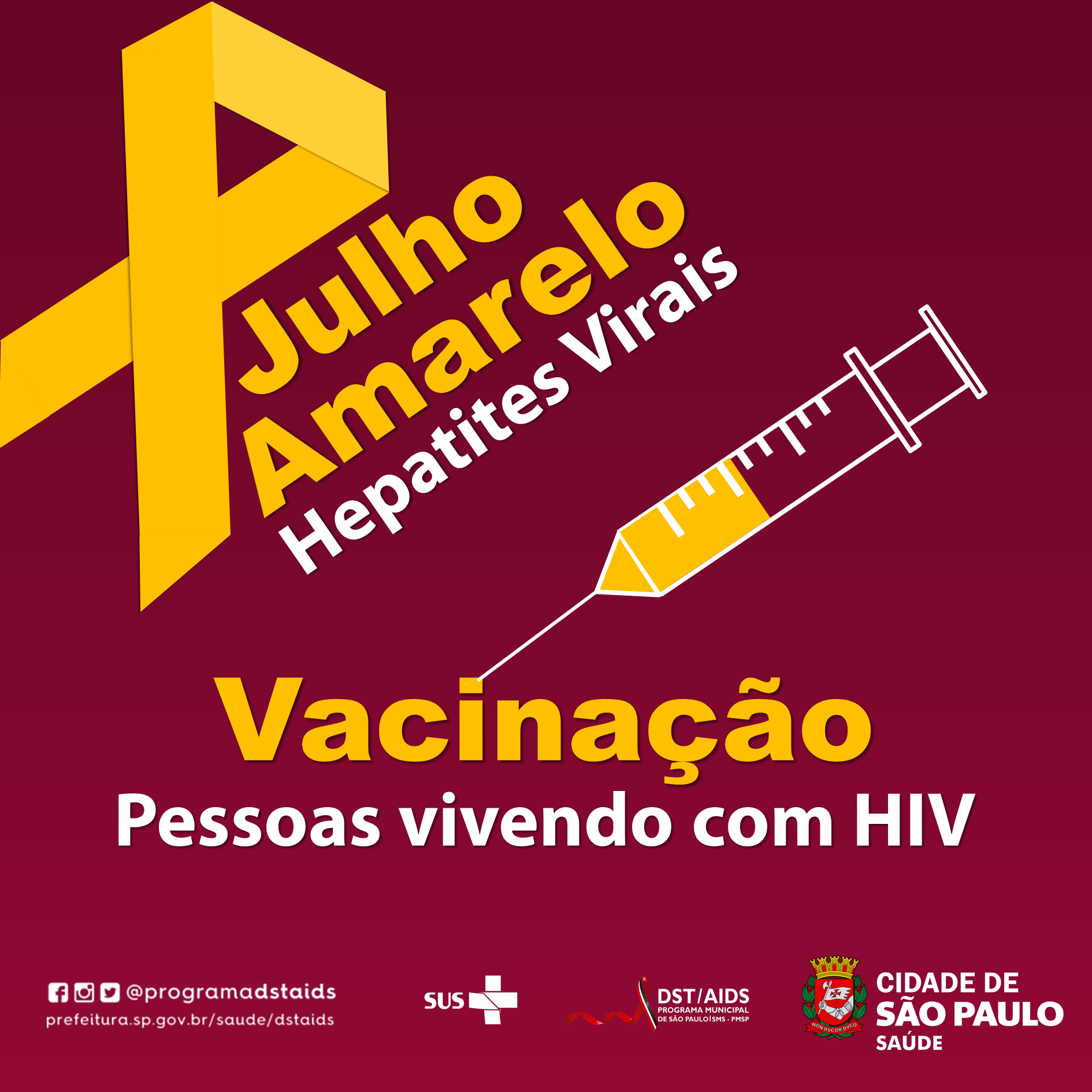 Arte com fundo vinho e laço amarelo no canto superior esquerdo. Abaixo do laço há o texto em amarelo e branco 